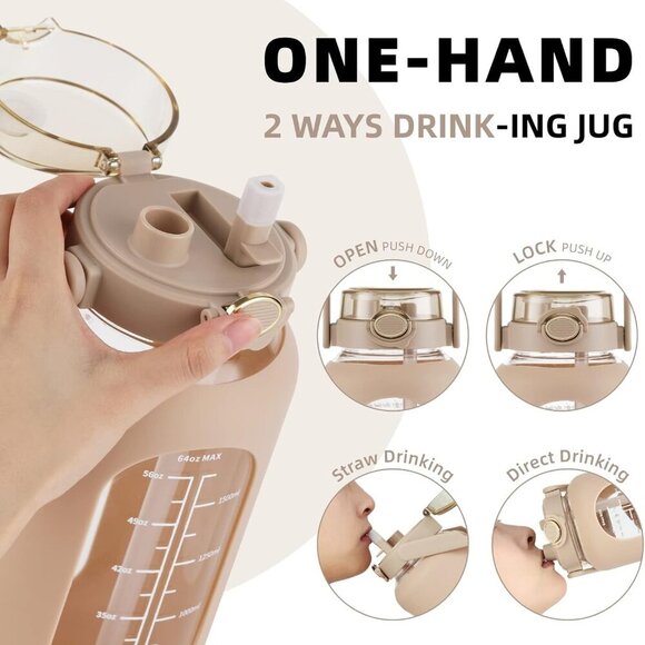 64oz Glass Water Bottle with Straw and Handle Lid Half Gallon Motivational Glass - Picture 2 of 6